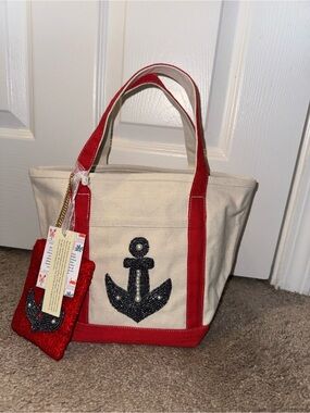 Canvas Anchor Tote Bag with Beaded Coin Pouch Handmade in India New with Tags